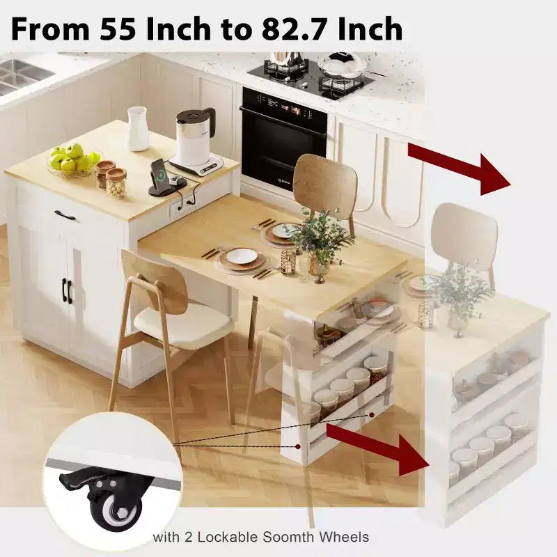 Îlot de cuisine avec table à manger extensible, table de cuisine bicolore avec prise de courant, 2 tiroirs et 2 étagères latérales ouvertes
