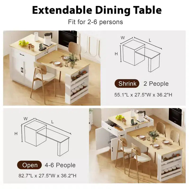 Îlot de cuisine avec table à manger extensible, table de cuisine bicolore avec prise de courant, 2 tiroirs et 2 étagères latérales ouvertes