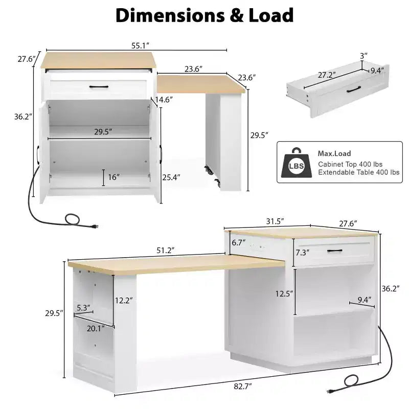 Îlot de cuisine avec table à manger extensible, table de cuisine bicolore avec prise de courant, 2 tiroirs et 2 étagères latérales ouvertes