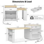 Îlot de cuisine avec table à manger extensible, table de cuisine bicolore avec prise de courant, 2 tiroirs et 2 étagères latérales ouvertes