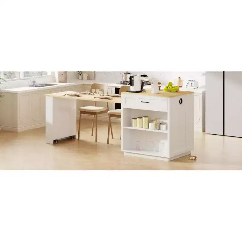 Îlot de cuisine avec table à manger extensible, table de cuisine bicolore avec prise de courant, 2 tiroirs et 2 étagères latérales ouvertes