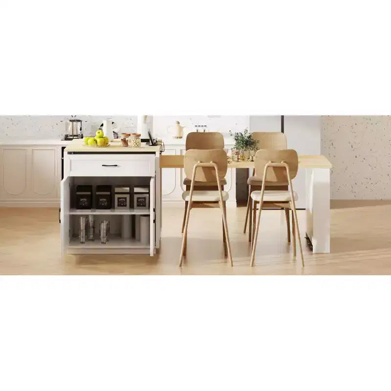 Îlot de cuisine avec table à manger extensible, table de cuisine bicolore avec prise de courant, 2 tiroirs et 2 étagères latérales ouvertes