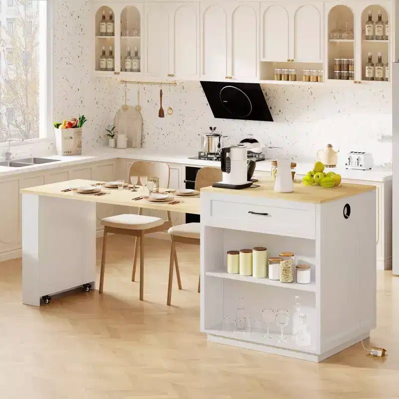Îlot de cuisine avec table à manger extensible, table de cuisine bicolore avec prise de courant, 2 tiroirs et 2 étagères latérales ouvertes