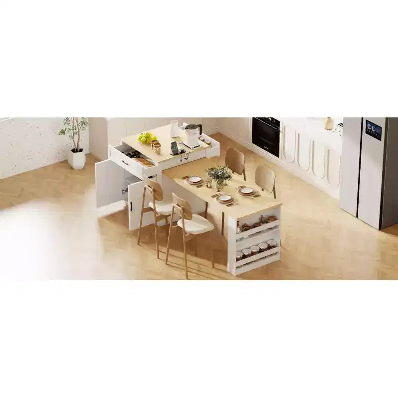 Îlot de cuisine avec table à manger extensible, table de cuisine bicolore avec prise de courant, 2 tiroirs et 2 étagères latérales ouvertes