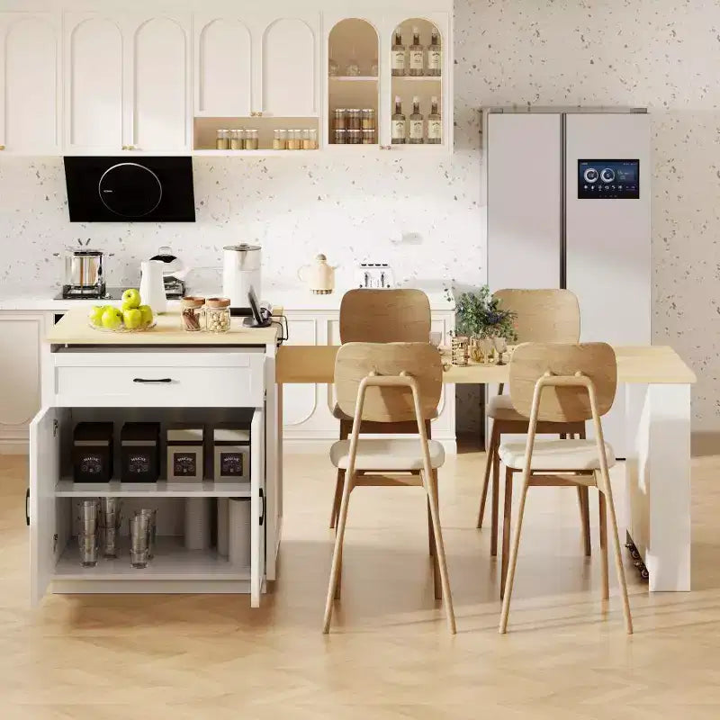 Îlot de cuisine avec table à manger extensible, table de cuisine bicolore avec prise de courant, 2 tiroirs et 2 étagères latérales ouvertes