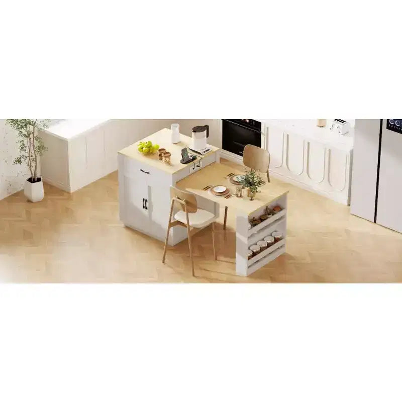 Îlot de cuisine avec table à manger extensible, table de cuisine bicolore avec prise de courant, 2 tiroirs et 2 étagères latérales ouvertes