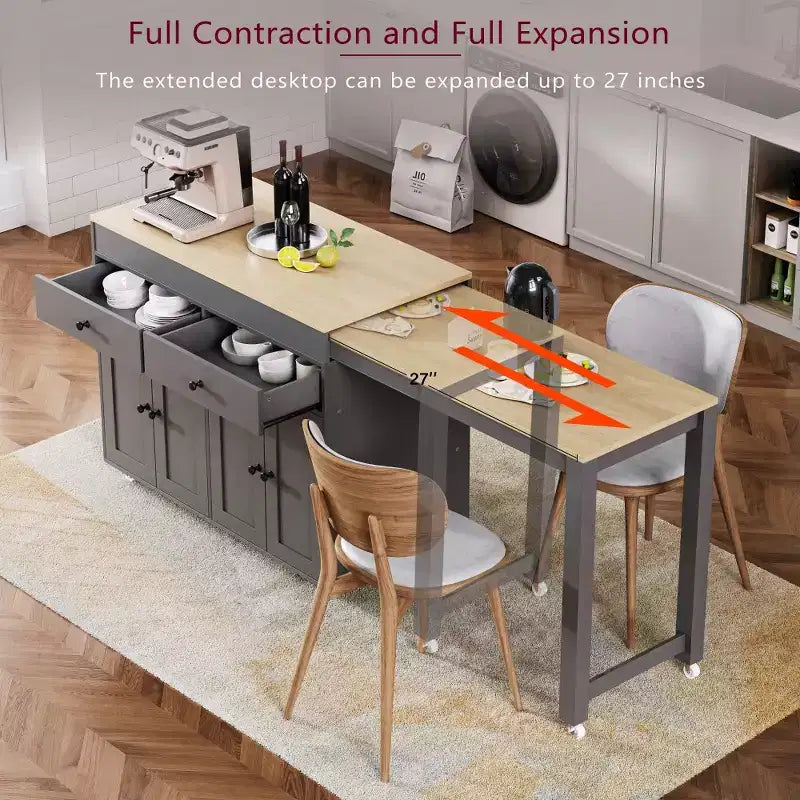 Îlot de cuisine avec table à manger extensible, table de cuisine bicolore avec prise de courant, 2 tiroirs et 2 étagères latérales ouvertes