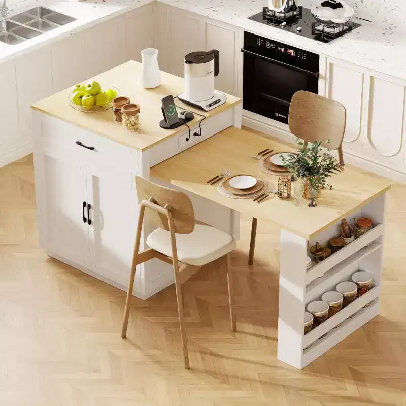 Îlot de cuisine avec table à manger extensible, table de cuisine bicolore avec prise de courant, 2 tiroirs et 2 étagères latérales ouvertes