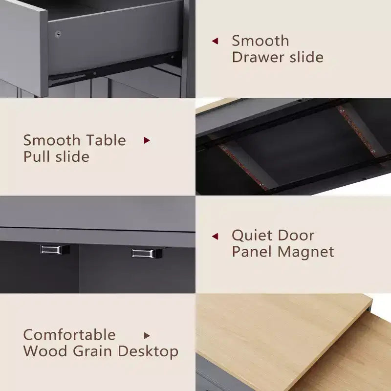 Îlot de cuisine avec table à manger extensible, table de cuisine bicolore avec prise de courant, 2 tiroirs et 2 étagères latérales ouvertes