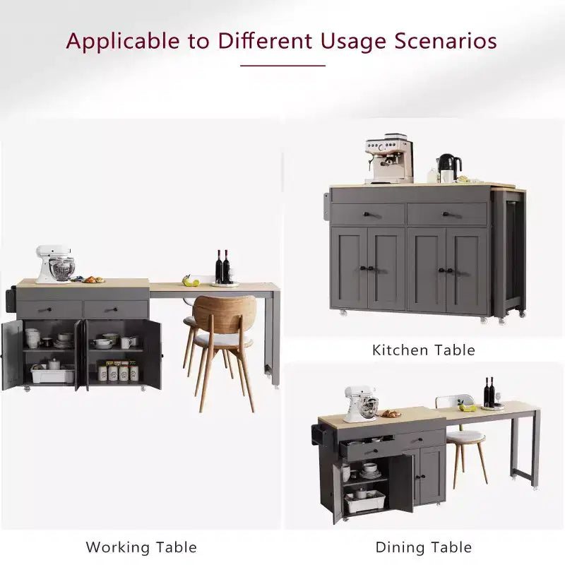 Îlot de cuisine avec table à manger extensible, table de cuisine bicolore avec prise de courant, 2 tiroirs et 2 étagères latérales ouvertes