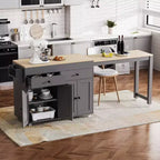Îlot de cuisine avec table à manger extensible, table de cuisine bicolore avec prise de courant, 2 tiroirs et 2 étagères latérales ouvertes