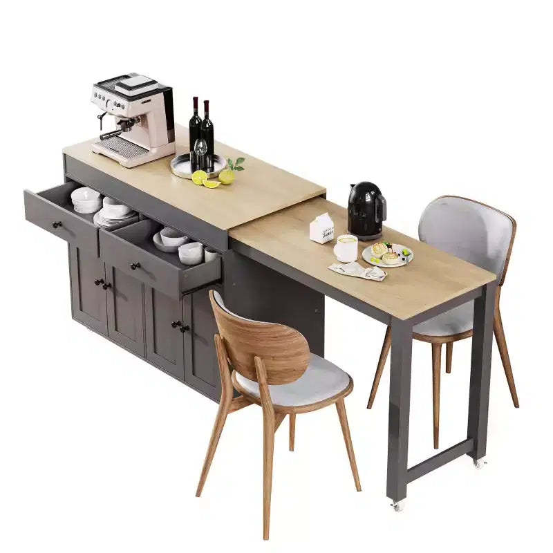 Kitchen Island with Extendable Dining Table, Two-tone Kitchen Table with Power Outlet,2 Drawers 2 Side Open Shelves