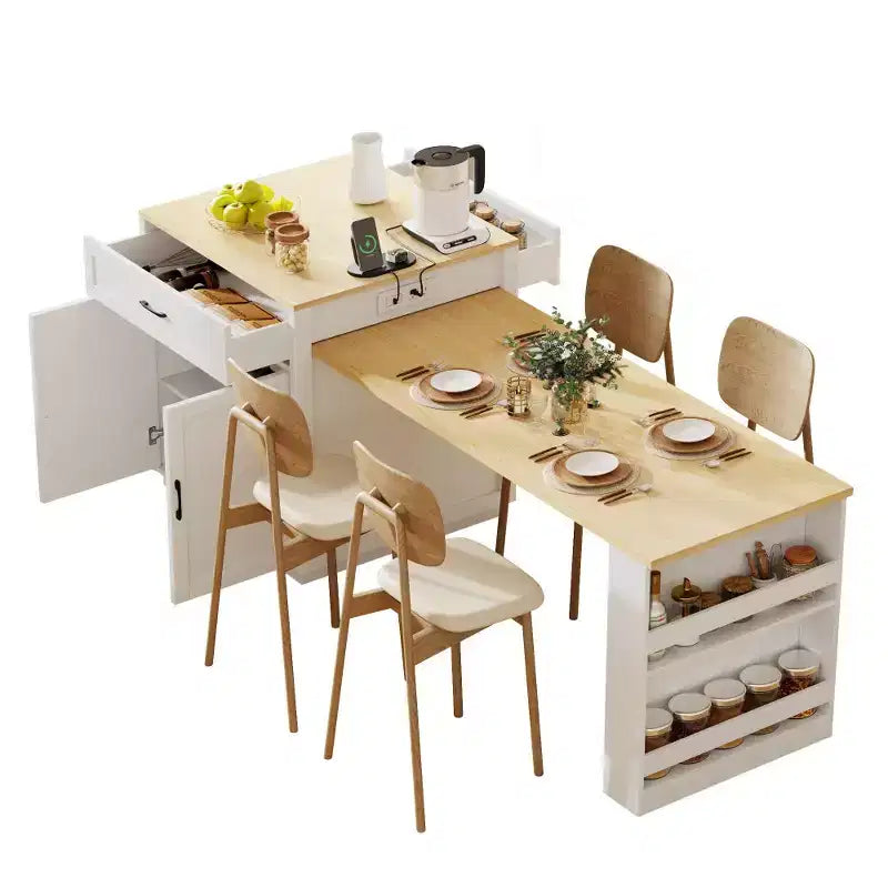 Îlot de cuisine avec table à manger extensible, table de cuisine bicolore avec prise de courant, 2 tiroirs et 2 étagères latérales ouvertes