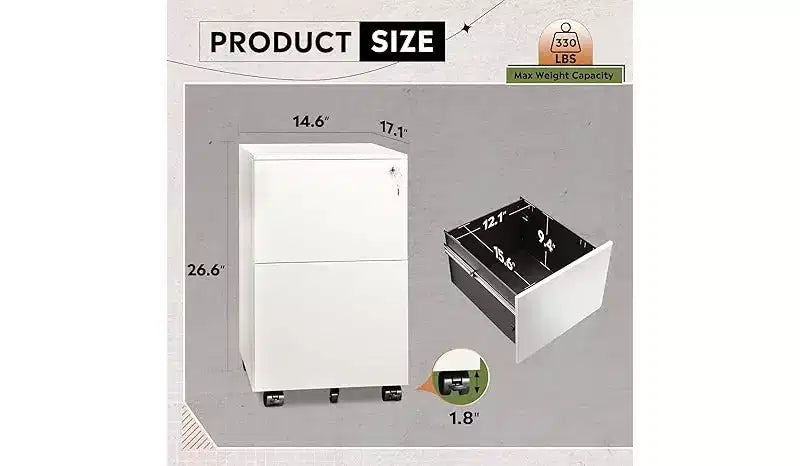 DEXYLLO Classeur mobile 2 tiroirs avec serrure, armoire verticale commerciale pour bureau à domicile, rangement sous le bureau