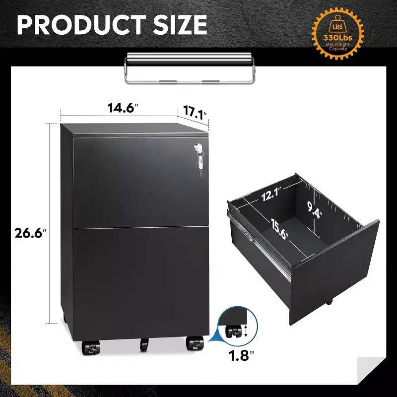 DEXYLLO Classeur mobile 2 tiroirs avec serrure, armoire verticale commerciale pour bureau à domicile, rangement sous le bureau