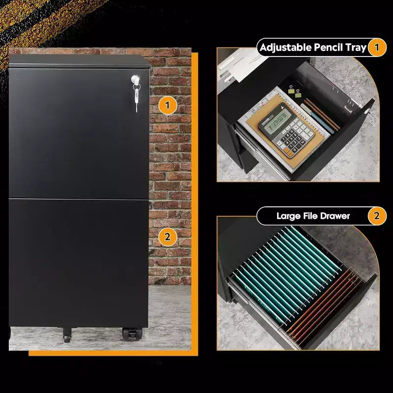 DEXYLLO Classeur mobile 2 tiroirs avec serrure, armoire verticale commerciale pour bureau à domicile, rangement sous le bureau