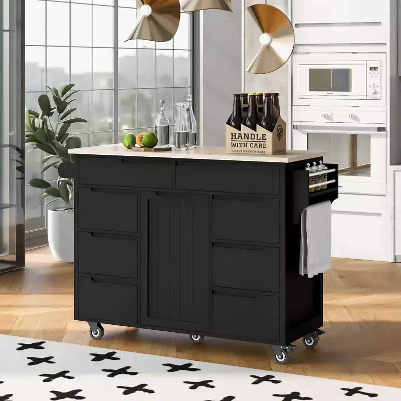 Îlot de cuisine moderne Whisen avec 8 tiroirs sans poignée et 5 roulettes
