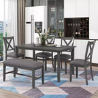Ensemble de salle à manger rectangulaire 6 pièces en bois Whisen avec 4 chaises en tissu et un banc