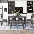 Ensemble de salle à manger rectangulaire 6 pièces en bois Whisen avec 4 chaises en tissu et un banc