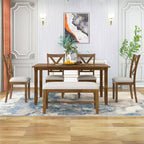 Ensemble de salle à manger rectangulaire 6 pièces en bois Whisen avec 4 chaises en tissu et un banc