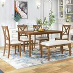Ensemble de salle à manger rectangulaire 6 pièces en bois Whisen avec 4 chaises en tissu et un banc