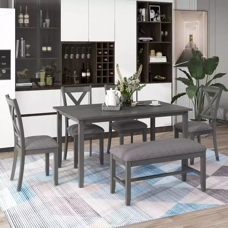 Ensemble de salle à manger rectangulaire 6 pièces en bois Whisen avec 4 chaises en tissu et un banc