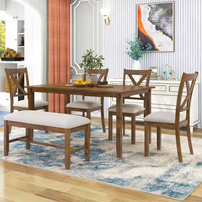 Ensemble de salle à manger rectangulaire 6 pièces en bois Whisen avec 4 chaises en tissu et un banc