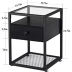 VECELO Tables de chevet 3 tiroirs/étagères avec dessus en verre, marron/noir (lot de 1 ou 2)