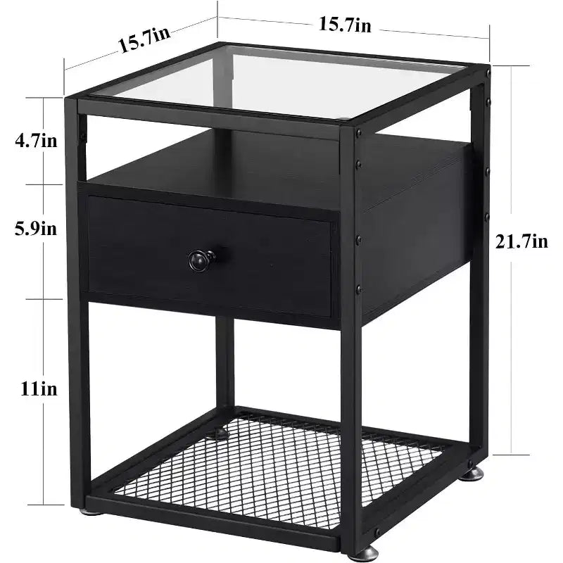 VECELO Tables de chevet 3 tiroirs/étagères avec dessus en verre, marron/noir (lot de 1 ou 2)