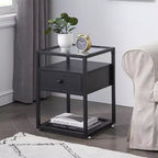 VECELO Tables de chevet 3 tiroirs/étagères avec dessus en verre, marron/noir (lot de 1 ou 2)