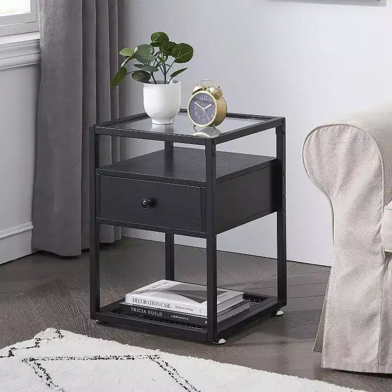 VECELO Tables de chevet 3 tiroirs/étagères avec dessus en verre, marron/noir (lot de 1 ou 2)