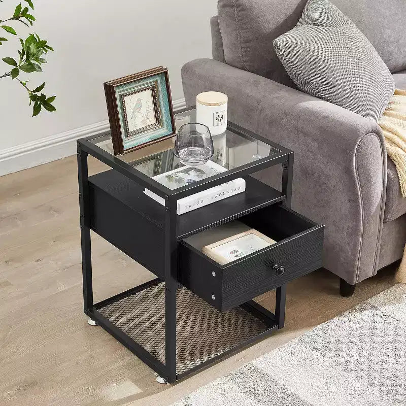 VECELO Tables de chevet 3 tiroirs/étagères avec dessus en verre, marron/noir (lot de 1 ou 2)