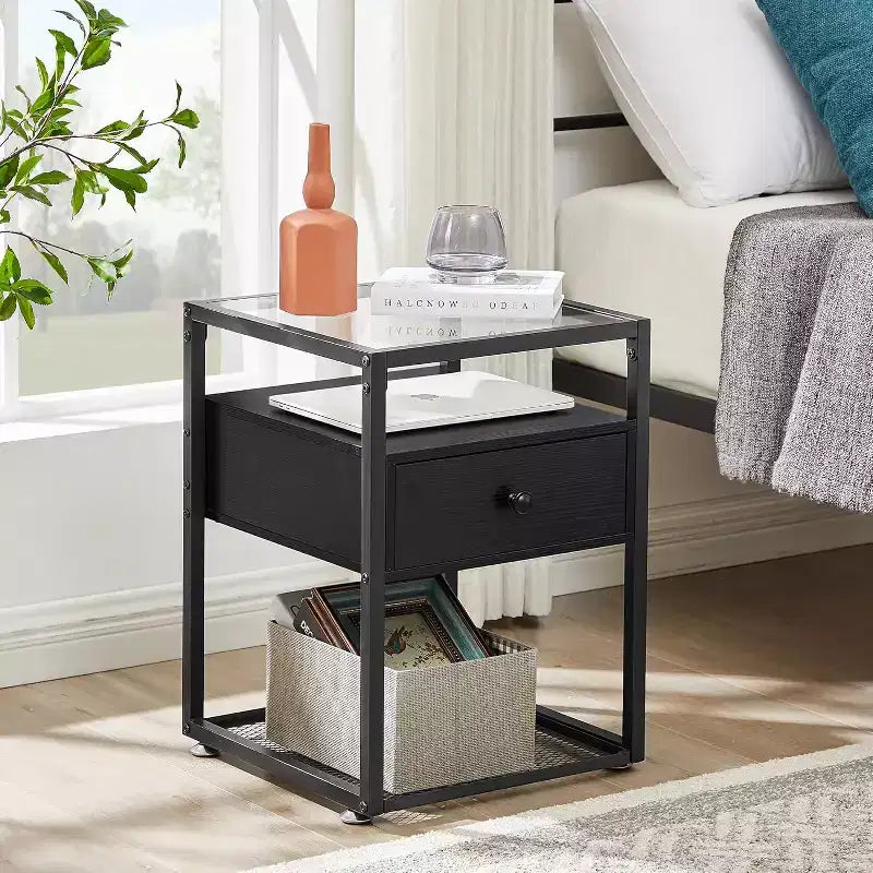 VECELO Tables de chevet 3 tiroirs/étagères avec dessus en verre, marron/noir (lot de 1 ou 2)