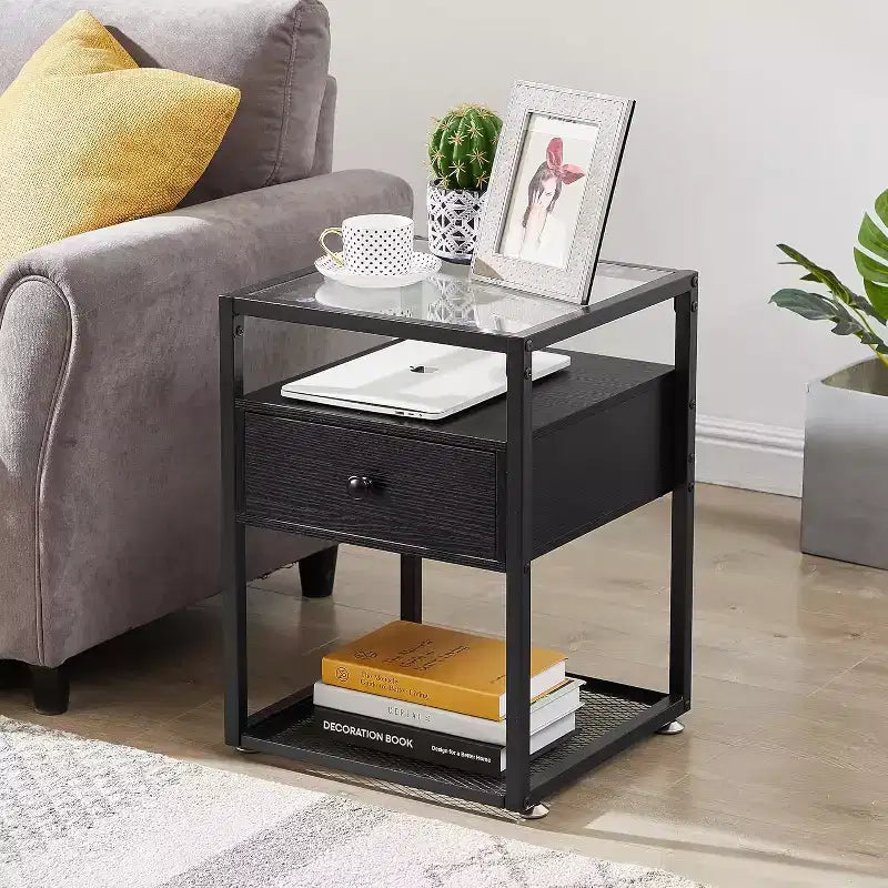 VECELO Tables de chevet 3 tiroirs/étagères avec dessus en verre, marron/noir (lot de 1 ou 2)