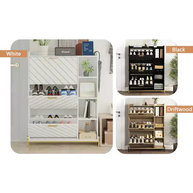 Meuble à chaussures autoportant avec 4 tiroirs basculants et 2 étagères ouvertes, étagère à chaussures étroite et dissimulée à 8 niveaux pour talons, étagère à chaussures en bois pour entrée, couloir