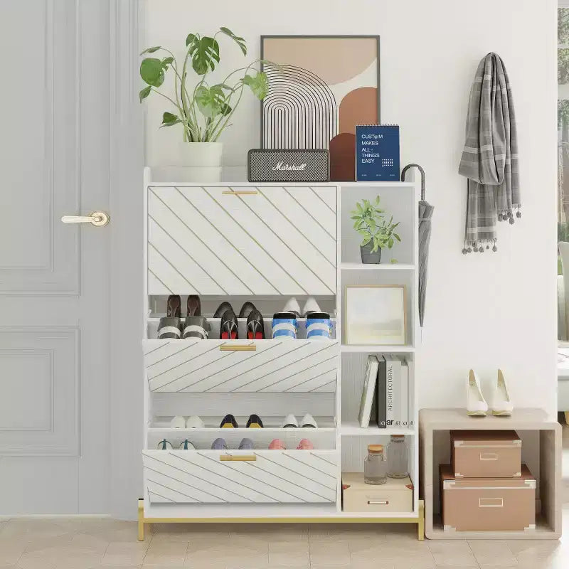 Meuble à chaussures autoportant avec 4 tiroirs basculants et 2 étagères ouvertes, étagère à chaussures étroite et dissimulée à 8 niveaux pour talons, étagère à chaussures en bois pour entrée, couloir