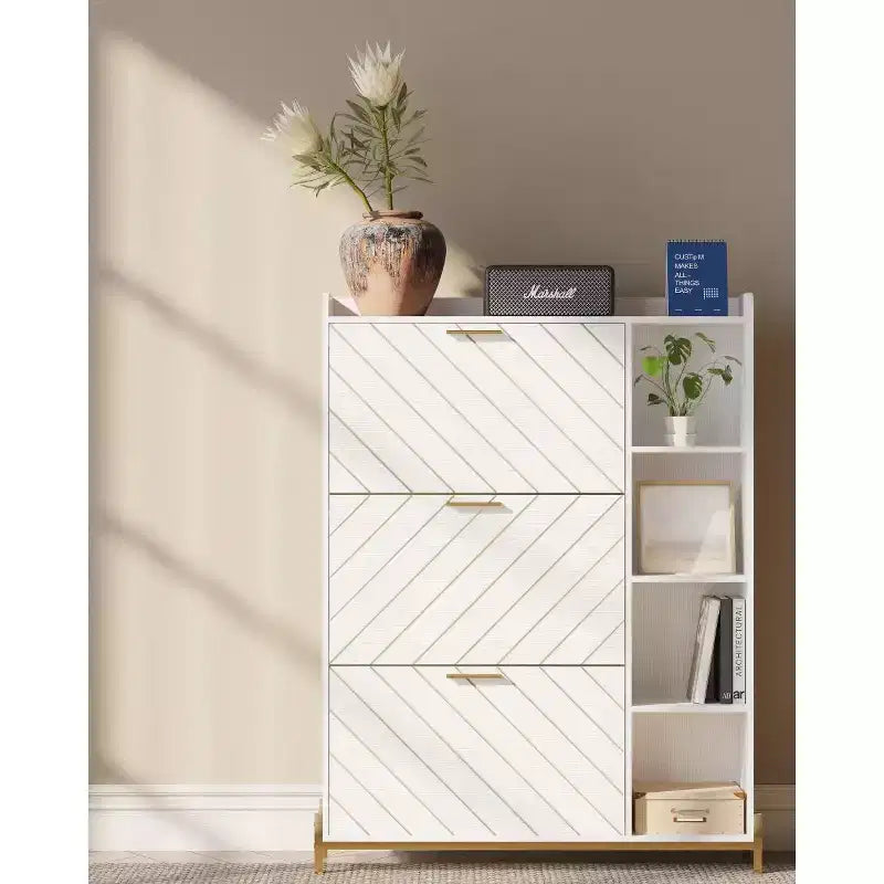 Meuble à chaussures autoportant avec 4 tiroirs basculants et 2 étagères ouvertes, étagère à chaussures étroite et dissimulée à 8 niveaux pour talons, étagère à chaussures en bois pour entrée, couloir