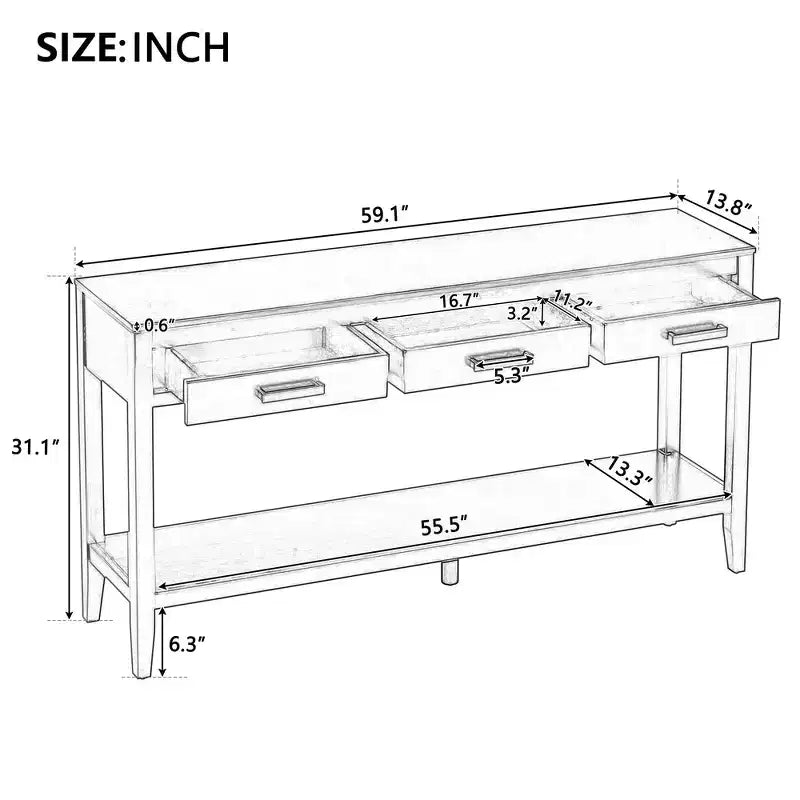 Console d'entrée contemporaine Whisen à 3 tiroirs, table d'appoint de canapé avec une étagère ouverte