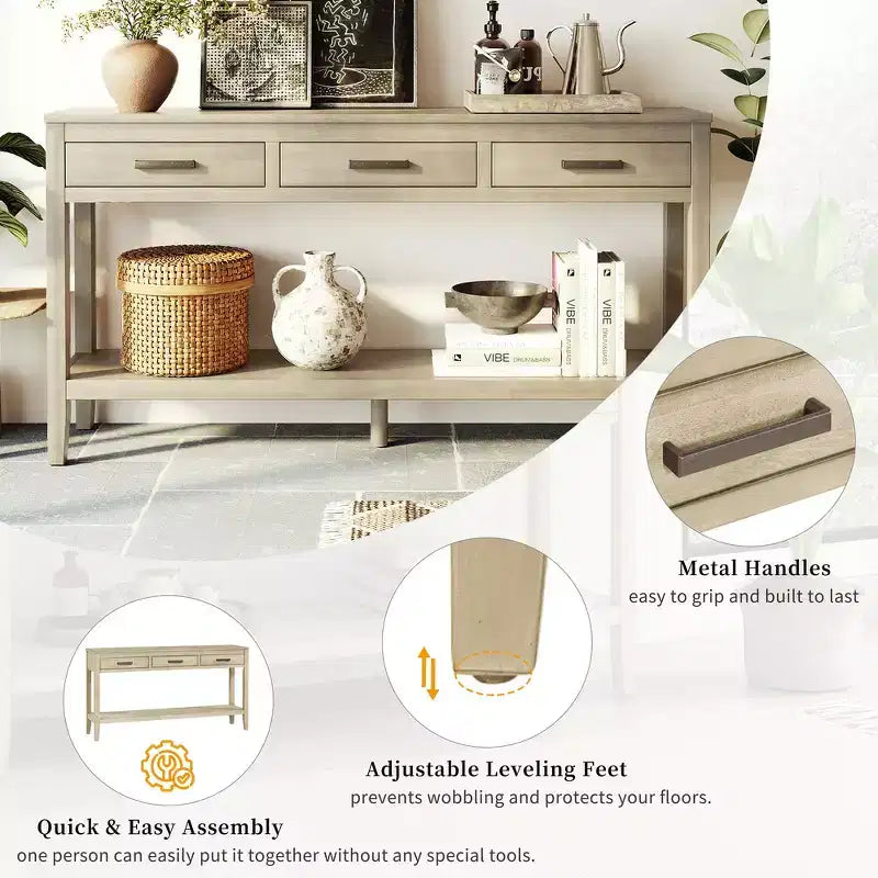 Console d'entrée contemporaine Whisen à 3 tiroirs, table d'appoint de canapé avec une étagère ouverte