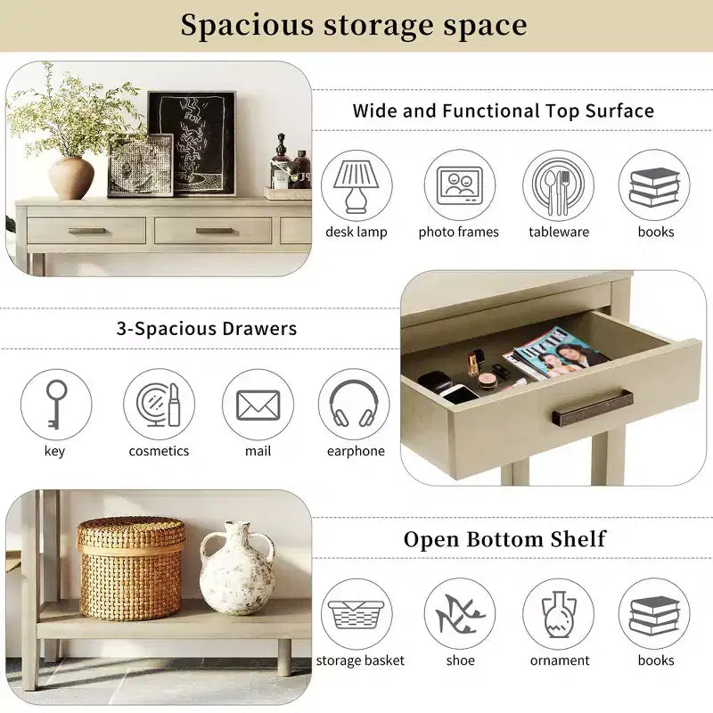 Console d'entrée contemporaine Whisen à 3 tiroirs, table d'appoint de canapé avec une étagère ouverte