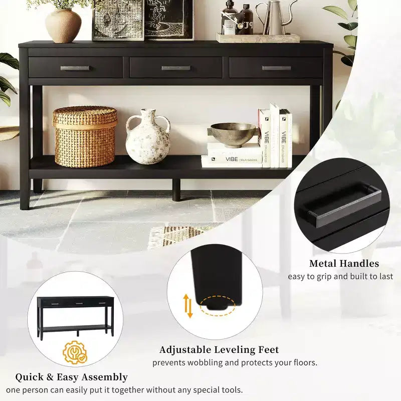 Console d'entrée contemporaine Whisen à 3 tiroirs, table d'appoint de canapé avec une étagère ouverte