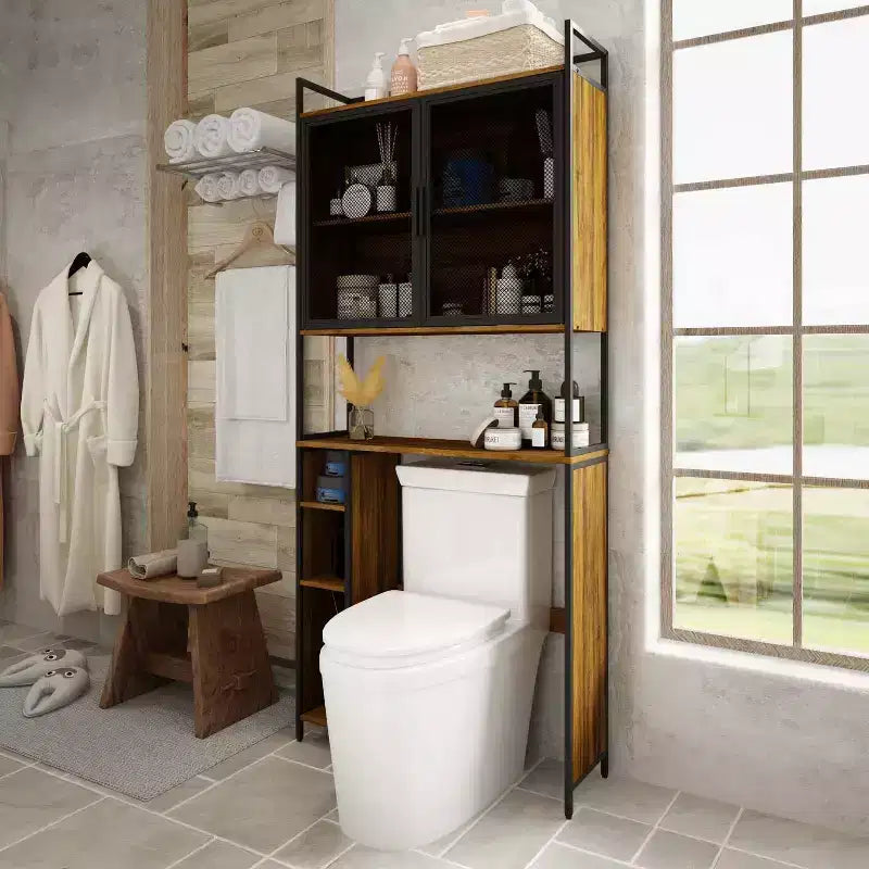 Meuble de rangement industriel pour salle de bain Famapy avec portes en maille métallique et design au-dessus des toilettes