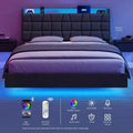 Queen Size Floating Bed Frame with LED Lights, Queen Bed Frame with Charging Station, Tufted Storage Headboard, Upholstered Platform Bed Frame