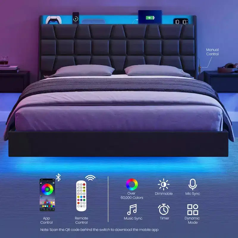 Queen Size Floating Bed Frame with LED Lights, Queen Bed Frame with Charging Station, Tufted Storage Headboard, Upholstered Platform Bed Frame