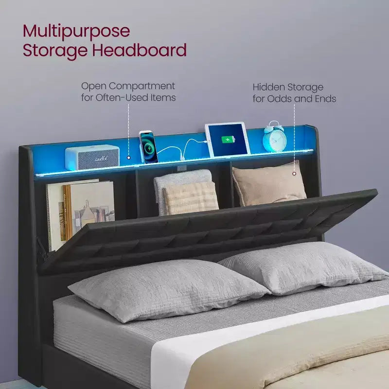 Cadre de lit flottant Queen Size avec lumières LED, cadre de lit Queen Size avec station de recharge, tête de lit capitonnée avec rangement, cadre de lit plateforme rembourré