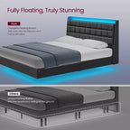 Cadre de lit flottant Queen Size avec lumières LED, cadre de lit Queen Size avec station de recharge, tête de lit capitonnée avec rangement, cadre de lit plateforme rembourré