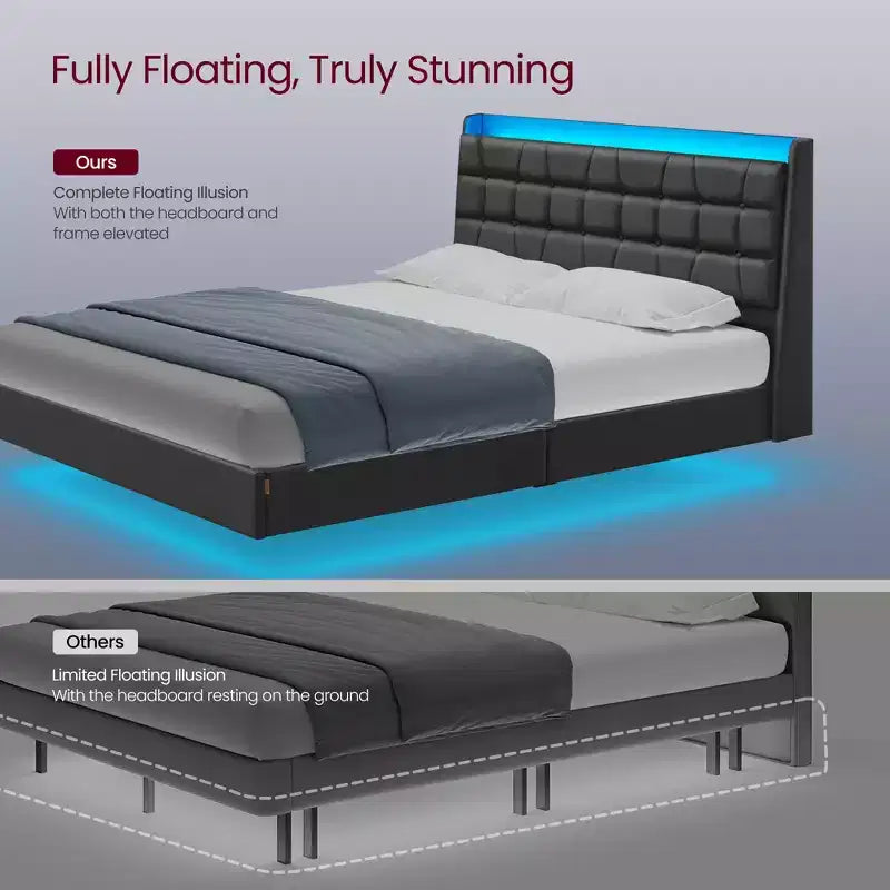 Cadre de lit flottant Queen Size avec lumières LED, cadre de lit Queen Size avec station de recharge, tête de lit capitonnée avec rangement, cadre de lit plateforme rembourré