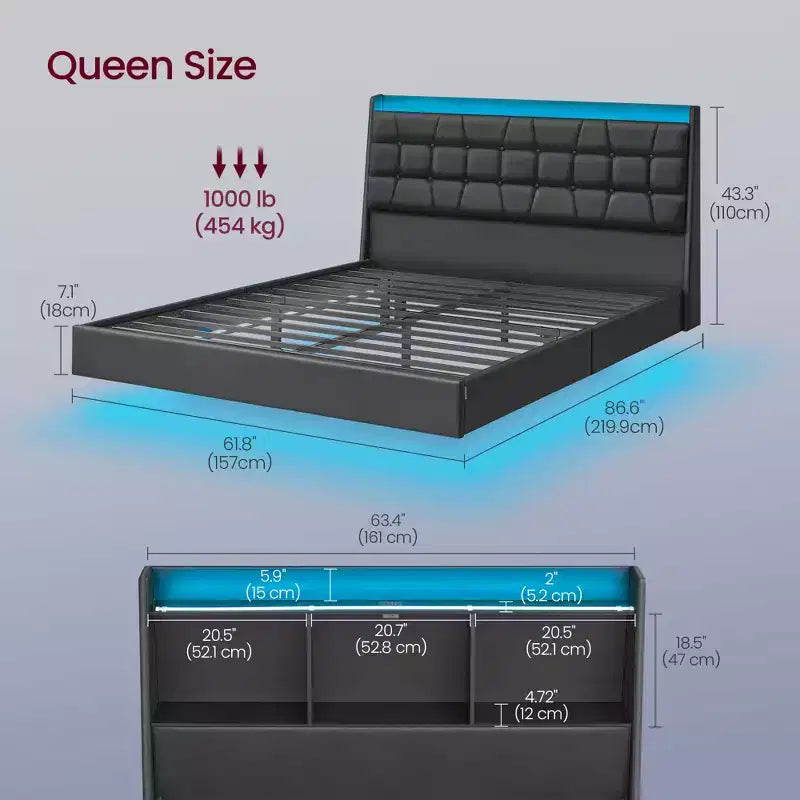 Cadre de lit flottant Queen Size avec lumières LED, cadre de lit Queen Size avec station de recharge, tête de lit capitonnée avec rangement, cadre de lit plateforme rembourré