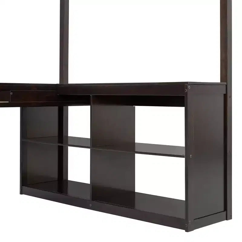 Lit mezzanine en bois pleine grandeur avec bureau en U, compartiments de rangement et miroir pliable en trois – ModernLuxe