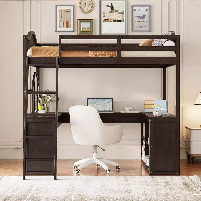 Lit mezzanine en bois pleine grandeur avec bureau en U, compartiments de rangement et miroir pliable en trois – ModernLuxe